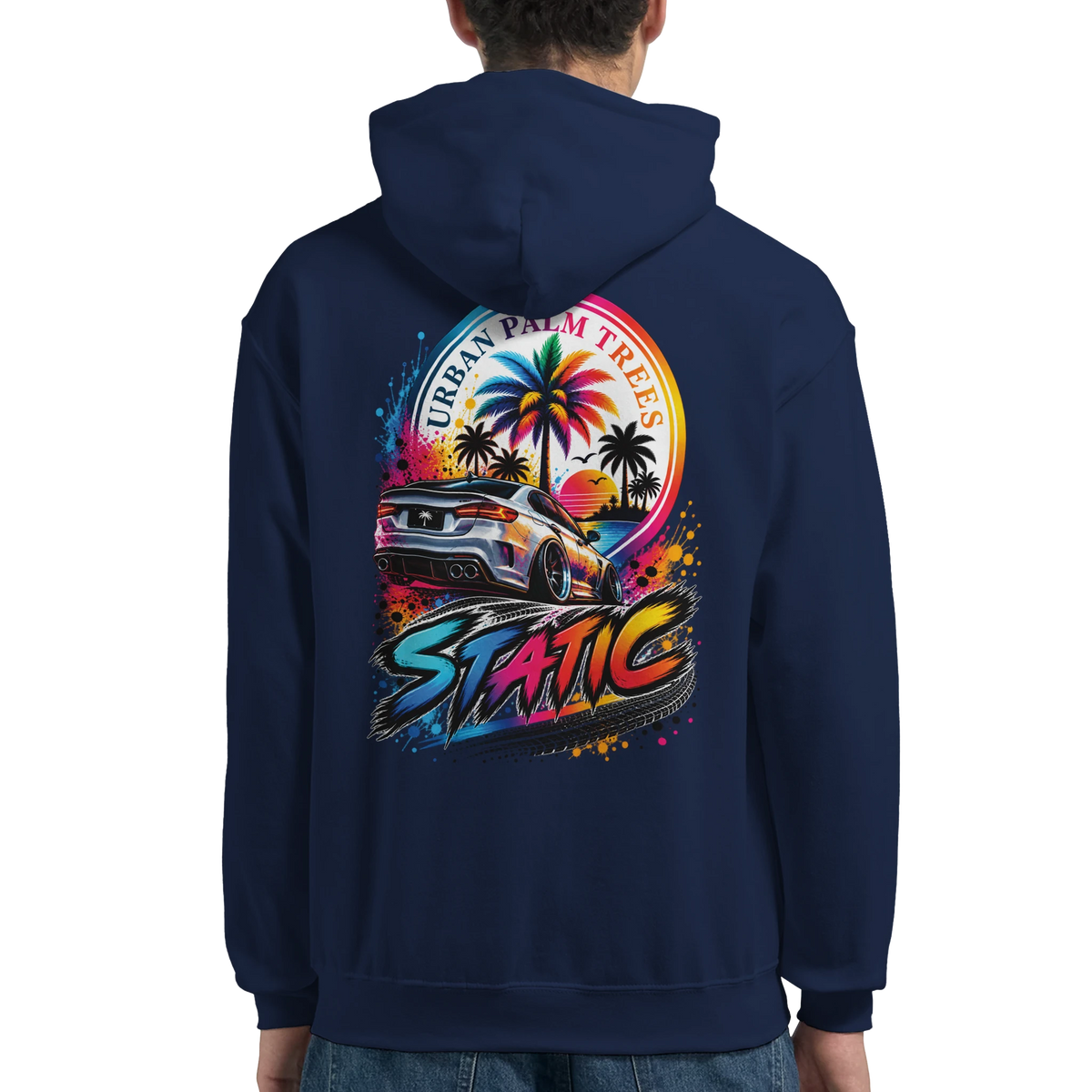 Navy men's hoodie back featuring vibrant Static petrolhead graphic with modified car, palm trees, and "Urban Palm Trees" sunset design.