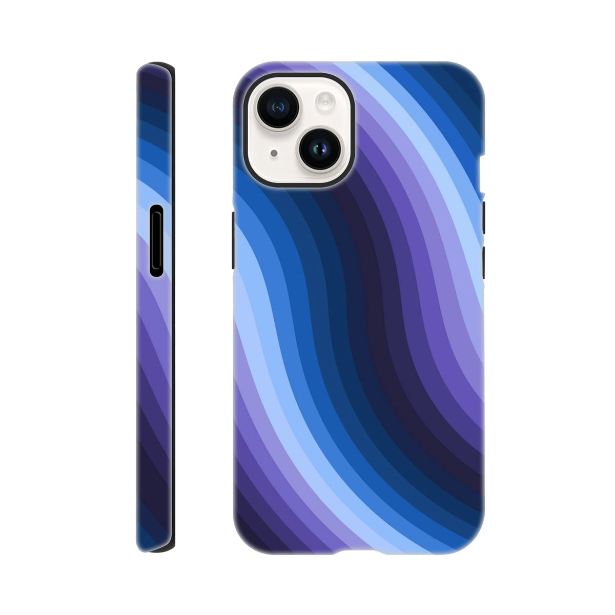 Blue retro wave iPhone case featuring y2k wavy stripes and purple gradients. Durable tough cover with reinforced rails for iPhone 13-16.