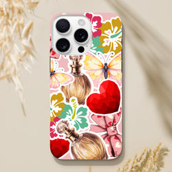 Pink floral sticker effect iPhone case featuring perfume bottles, butterflies, and a red heart graphic with tough protection.