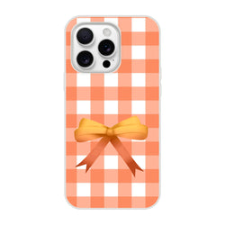 Orange gingham bow iPhone case for iPhone 13–16 with a cute coquette aesthetic and gold bow.