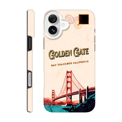 Retro postcard style iPhone case featuring Golden Gate Bridge illustration, vintage stamp details, and "San Francisco California" text.