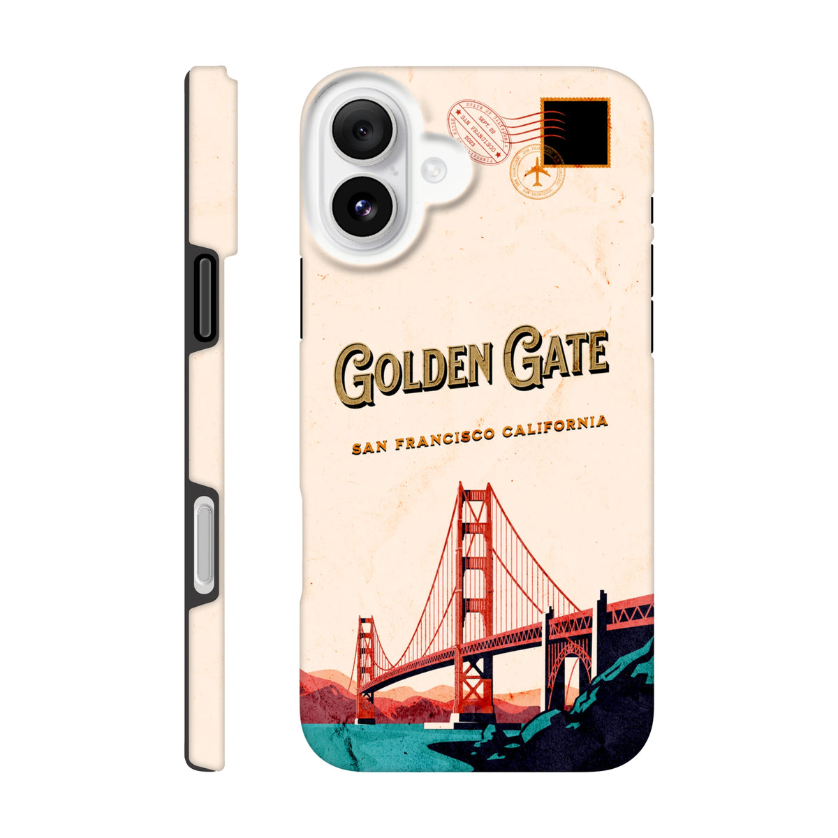 Retro postcard style iPhone case featuring Golden Gate Bridge illustration, vintage stamp details, and "San Francisco California" text.