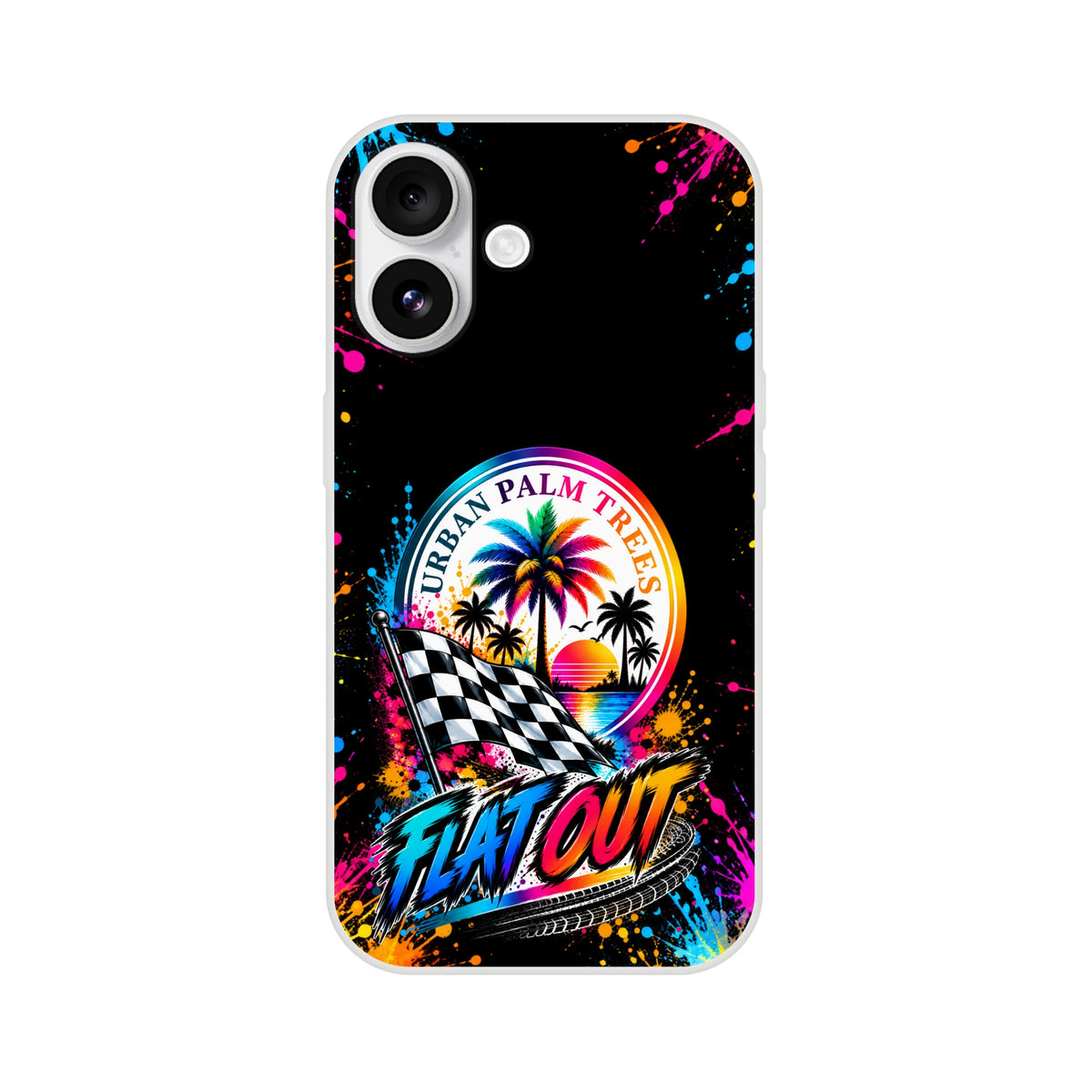 Flat Out car culture iPhone case featuring colorful paint splatters, checkered flag, and Urban Palm Trees sunset design.