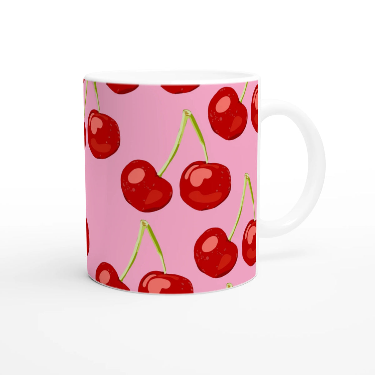 Cute cherry mug in pink coquette aesthetic with red cherry pattern.