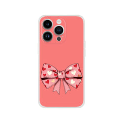 Pink iPhone case with cream bow and heart pattern, Coquette aesthetic for iPhone 13–16.