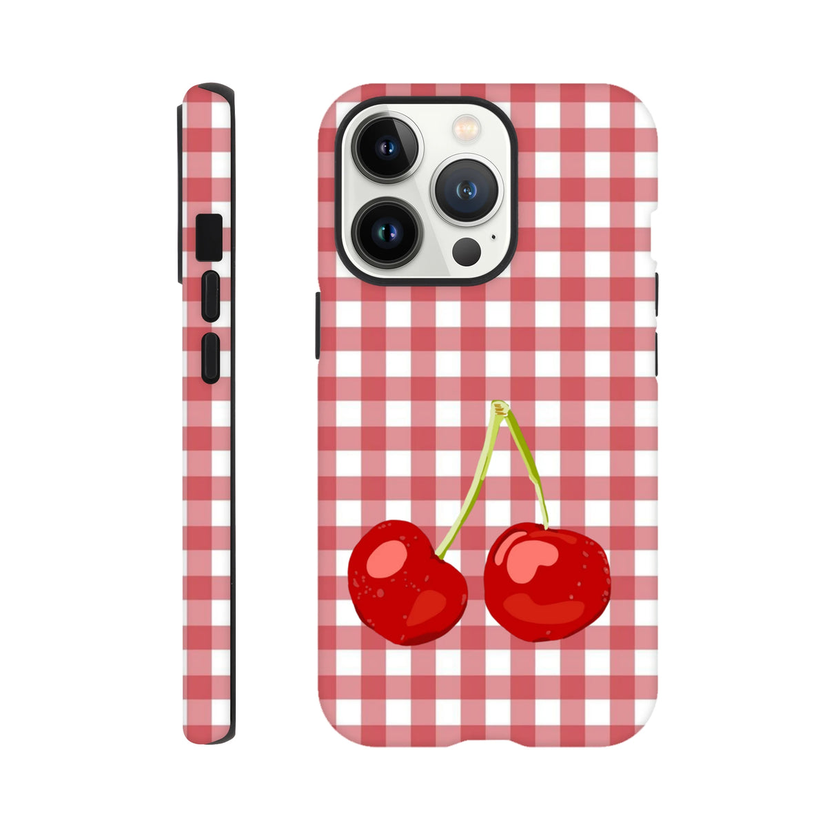 Cute iPhone case featuring red and white gingham pattern with glossy cherry illustration and tough protective edges.