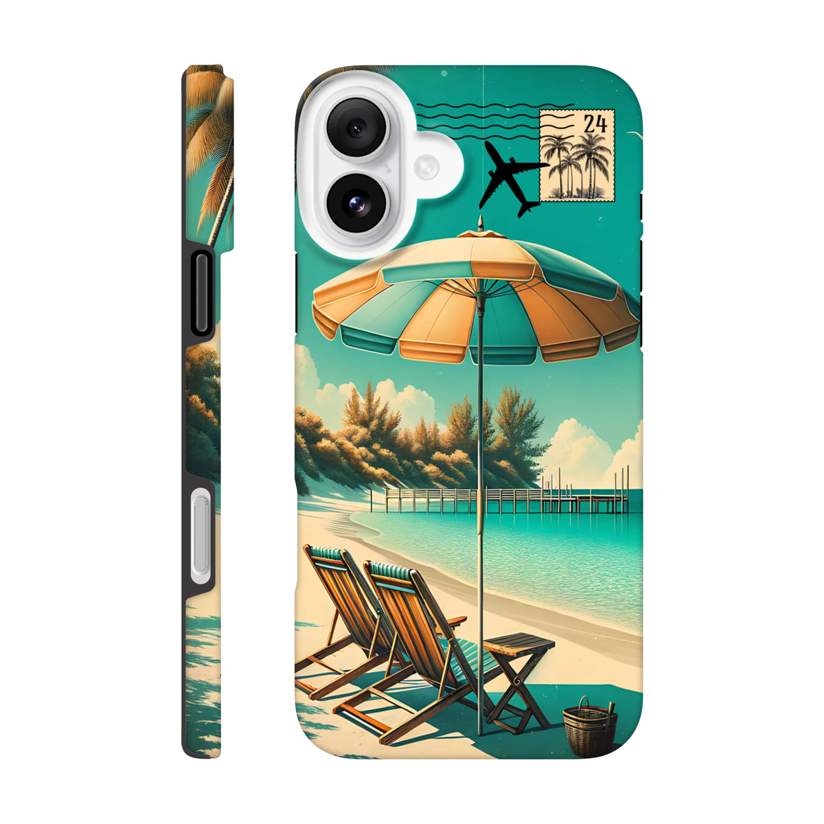 Retro beach holiday iPhone case featuring vintage beach chairs, striped umbrella, and postmark graphic on teal background.