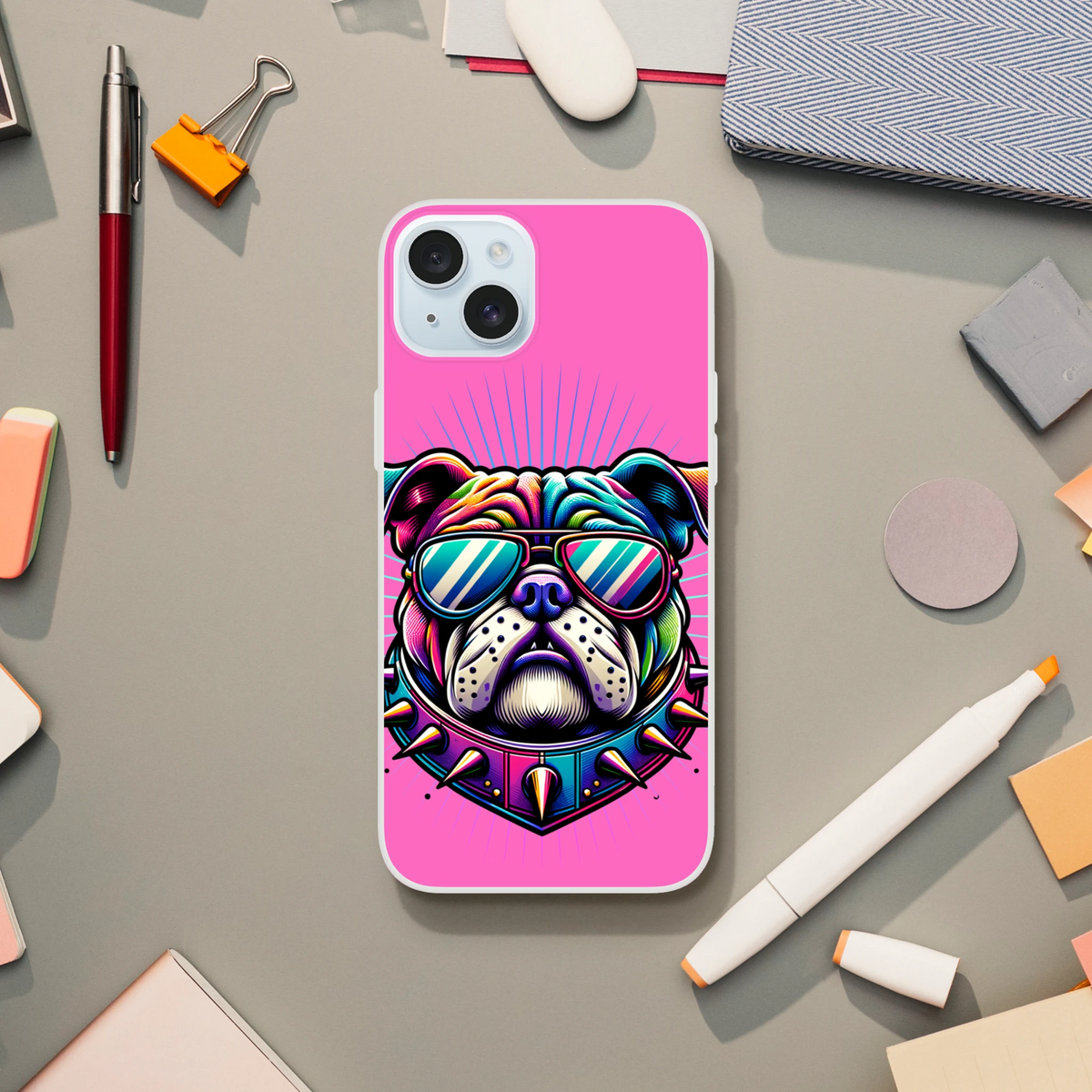 Pink Y2K Bulldog iPhone Case with retro dog graphic and sunglasses for iPhone 13-16