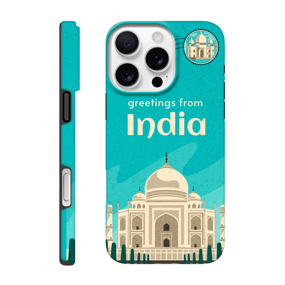 India Taj Mahal postcard design iPhone case with teal wraparound art for iPhone 13-16