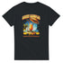 Tropical cocktail graphic on black cotton-blend T-shirt with a palm tree, umbrella, and beach scene.
