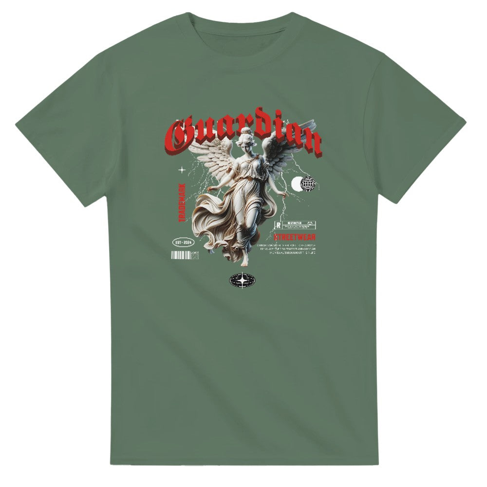 Grey-green cotton-blend tee featuring a Gothic guardian angel graphic with red typography, streetwear style.