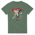 Grey-green cotton-blend tee featuring a Gothic guardian angel graphic with red typography, streetwear style.
