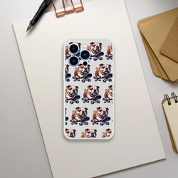 Slim frosty transparent iPhone case for 13–16 with a British Bulldog skateboard pattern.