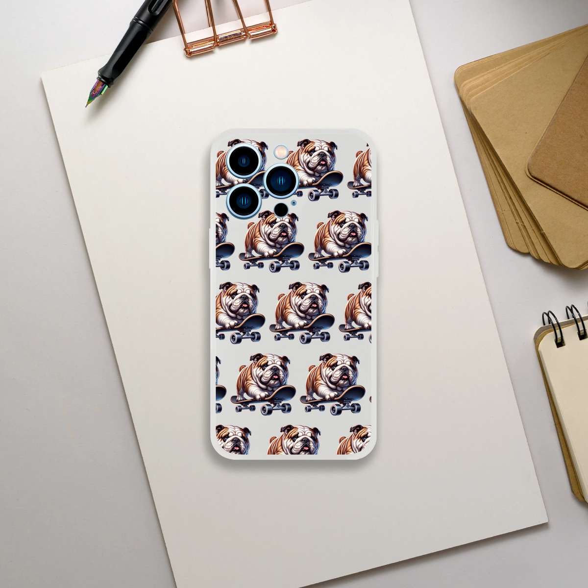 Slim frosty transparent iPhone case for 13–16 with a British Bulldog skateboard pattern.