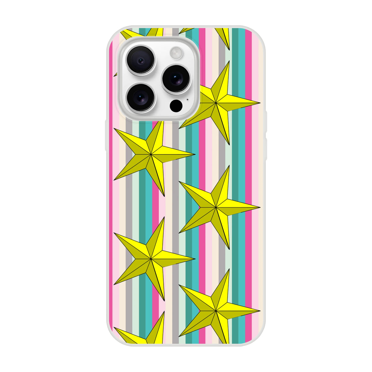 Pastel Stripe Gold Star iPhone Case for iPhone 13–16; slim, matte TPU with fingerprint-resistant finish.