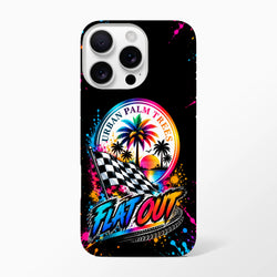 Black iPhone case featuring a colorful checkered flag, "Urban Palm Trees" sunset logo, and "Flat Out" text with paint splatters.