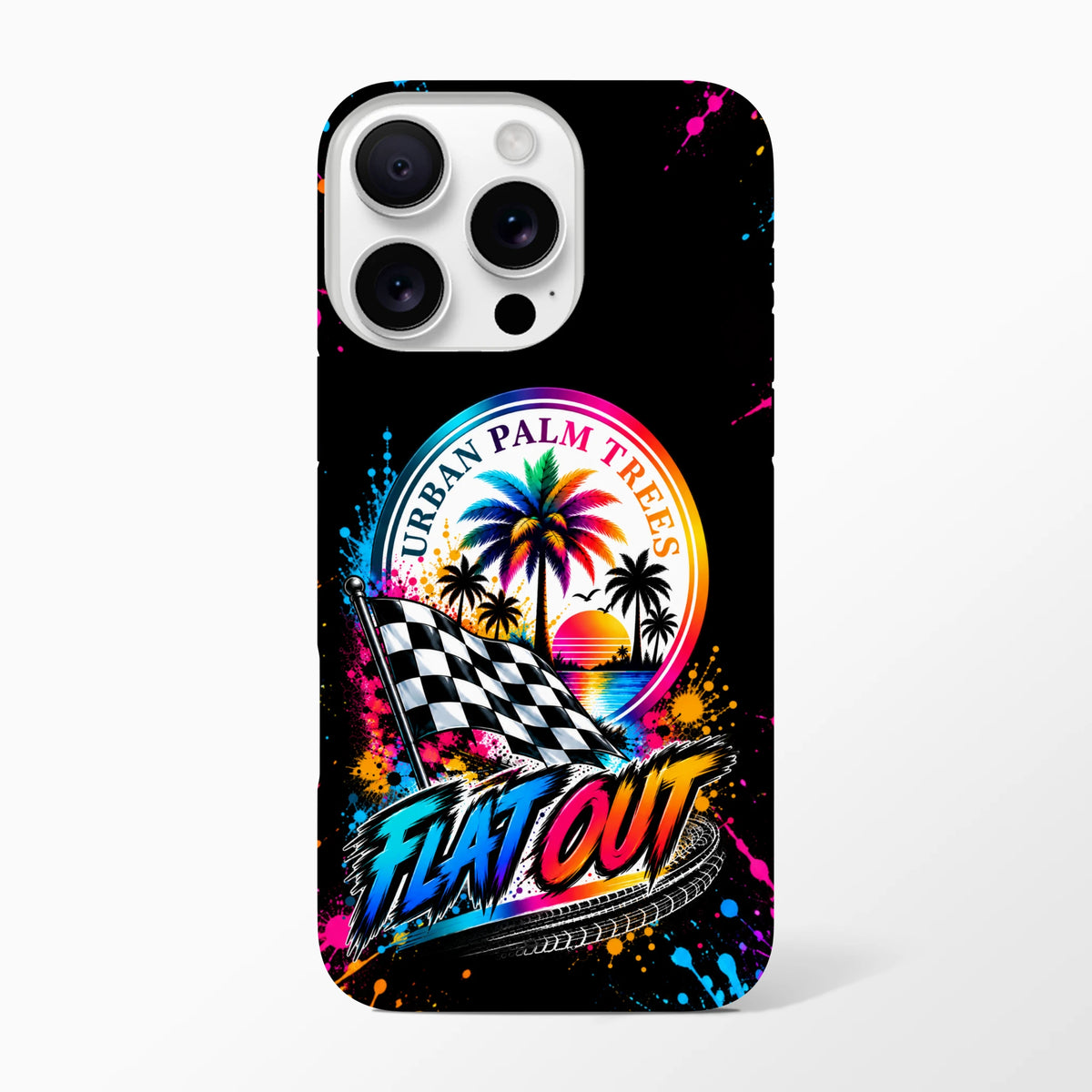 Black iPhone case featuring a colorful checkered flag, "Urban Palm Trees" sunset logo, and "Flat Out" text with paint splatters.