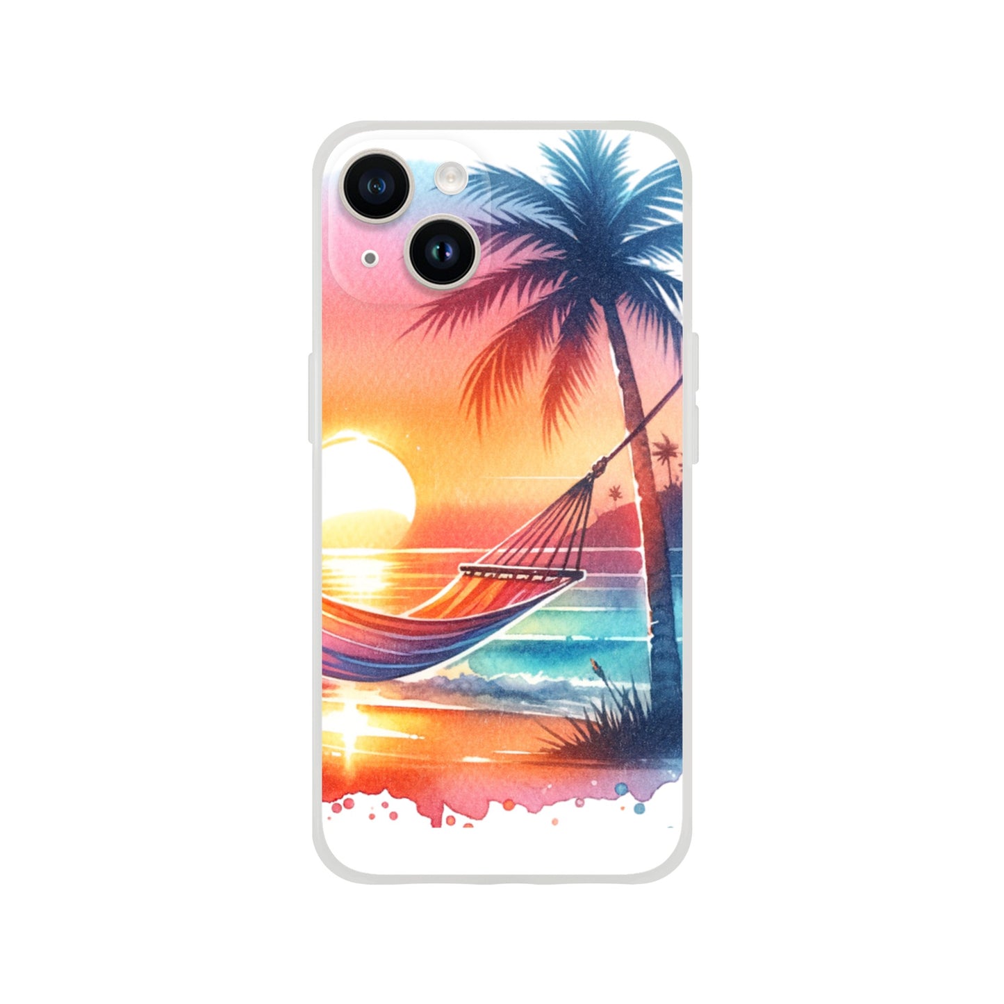 iPhone case with a tropical design featuring a hammock, palm tree, and sunset 4