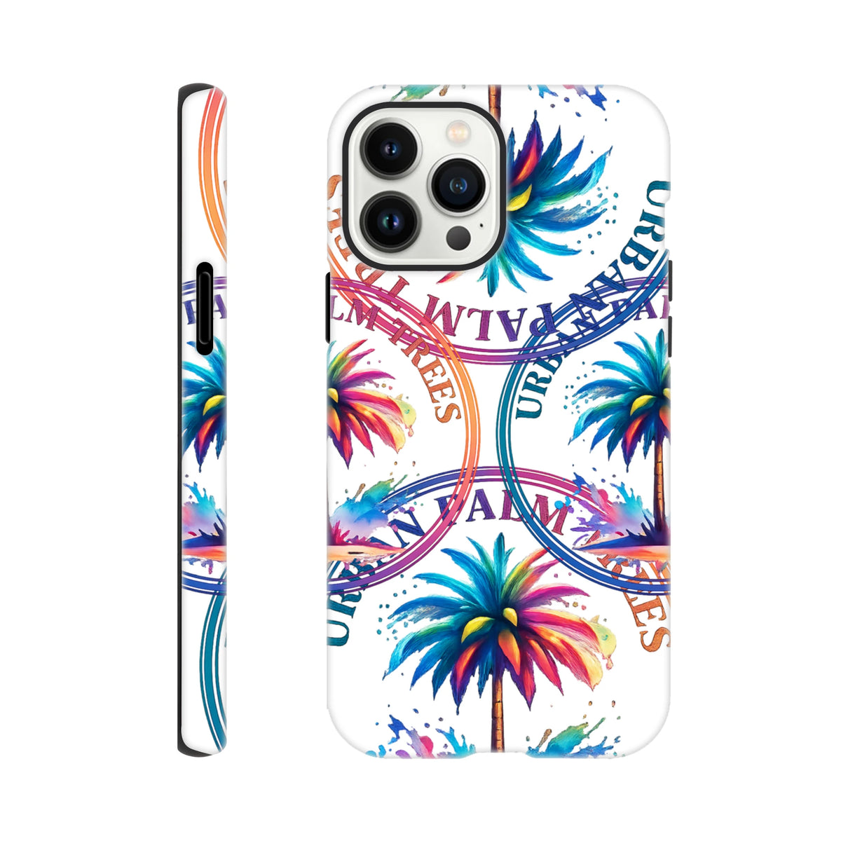 Colorful Urban Palm Trees iPhone case with vibrant tropical print and streetwear text design for durable daily carry protection.