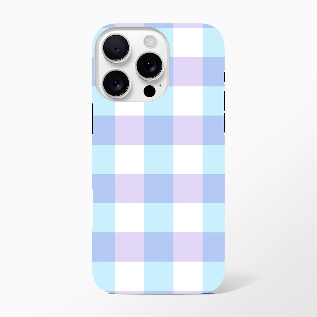 Pastel blue and lavender gingham tough iPhone case providing shock-absorbing protection with a cute checkered streetwear design.