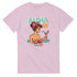 Pink Aloha graphic tee with a retro pin-up in a red polka-dot bikini holding a cocktail, tropical lounge motif.