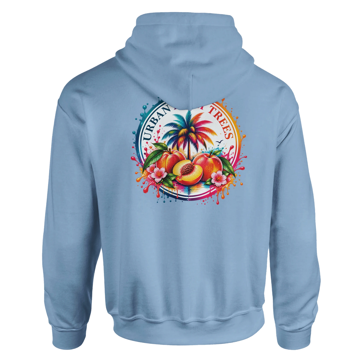 Light blue hoodie back featuring retro tropical print with peaches, palm tree, and plumeria flowers.