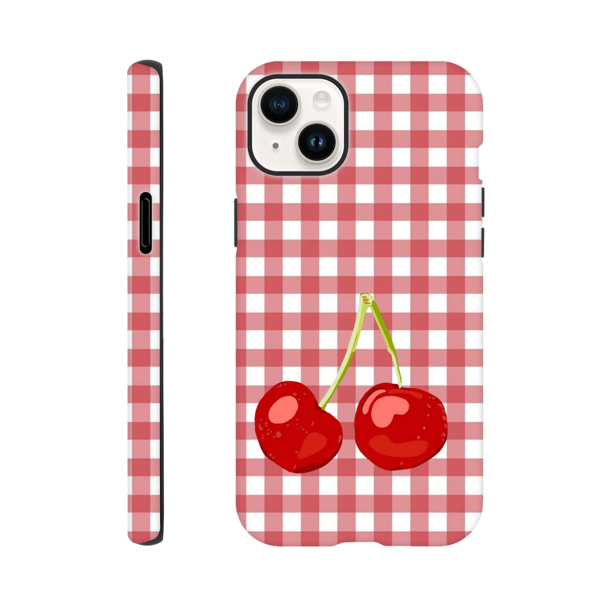 Red and white gingham iPhone case featuring two glossy red cherries. Thick checkerboard pattern with tough protective coverage for drops.