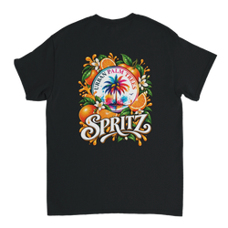 Retro Orange Spritz women's t-shirt back print featuring a colorful palm tree, whole and sliced oranges, white blossoms, and "URBAN PALM TREES" typography.