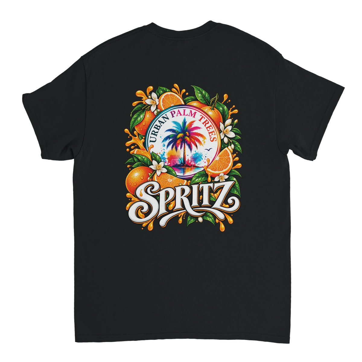 Retro Orange Spritz women's t-shirt back print featuring a colorful palm tree, whole and sliced oranges, white blossoms, and "URBAN PALM TREES" typography.