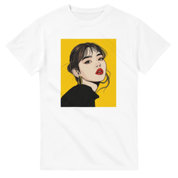 White t-shirt featuring bold Pop Art graphic of a woman with red lips and gold hoops on a yellow background.