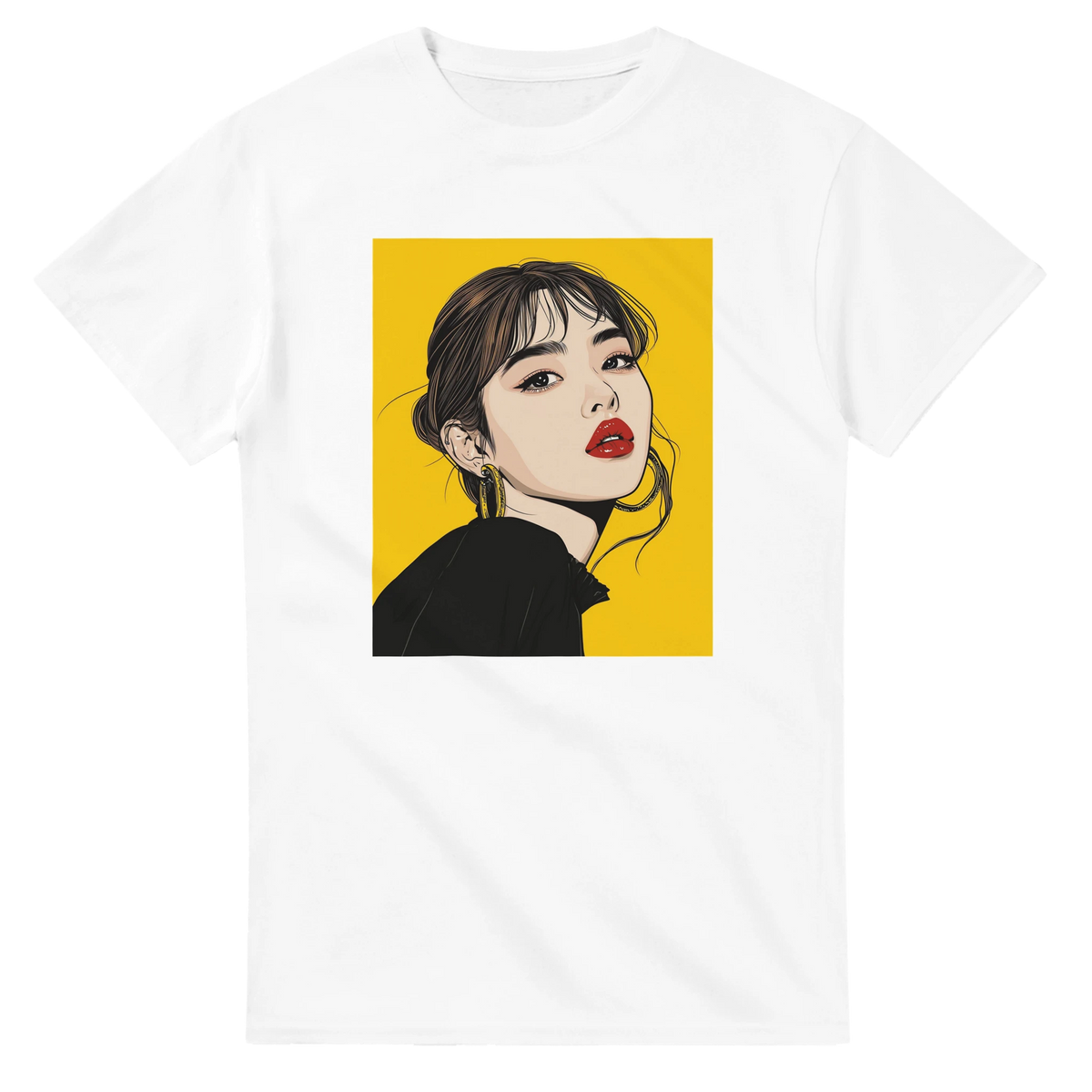 White t-shirt featuring bold Pop Art graphic of a woman with red lips and gold hoops on a yellow background.