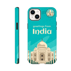 Turquoise India Taj Mahal postcard wraparound artwork on a Tough iPhone case for iPhone 13–16 travel cover.