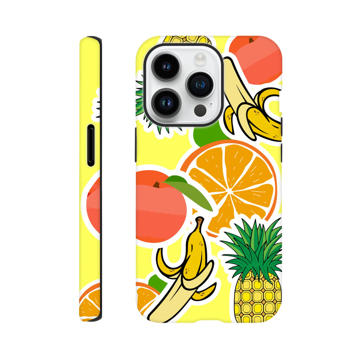 Yellow iPhone case featuring bold orange, banana, and pineapple sticker graphics on a vibrant wraparound design.