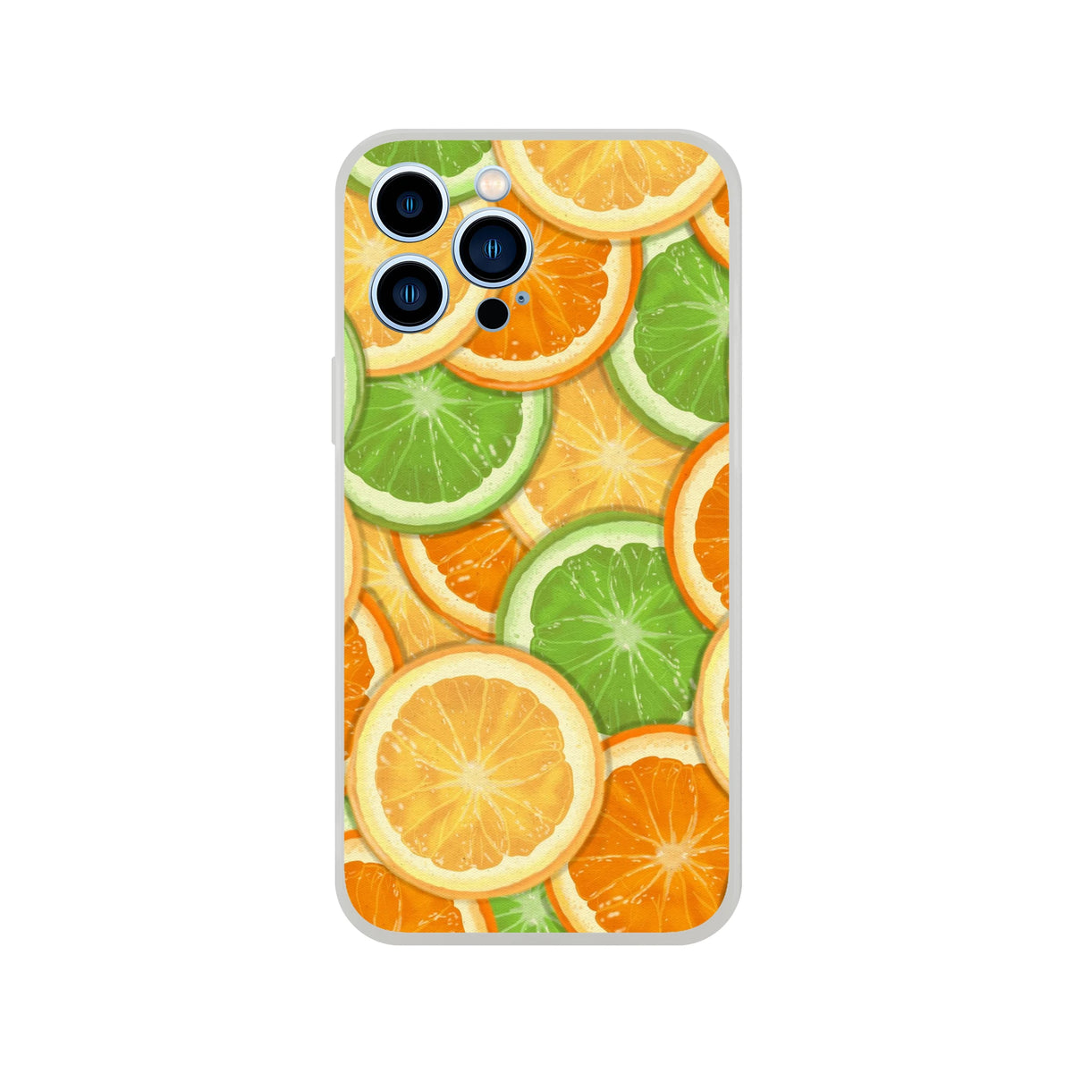 Cute citrus fruit iPhone case (13-16) with orange and lime slices in a tropical aesthetic on a white bumper.