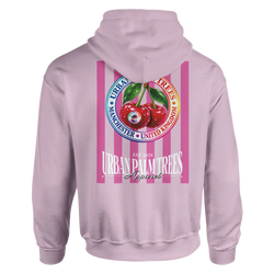Pink hoodie back view featuring retro striped cherry graphic with Urban Palm Trees branding and Manchester text. Vintage streetwear sweatshirt.