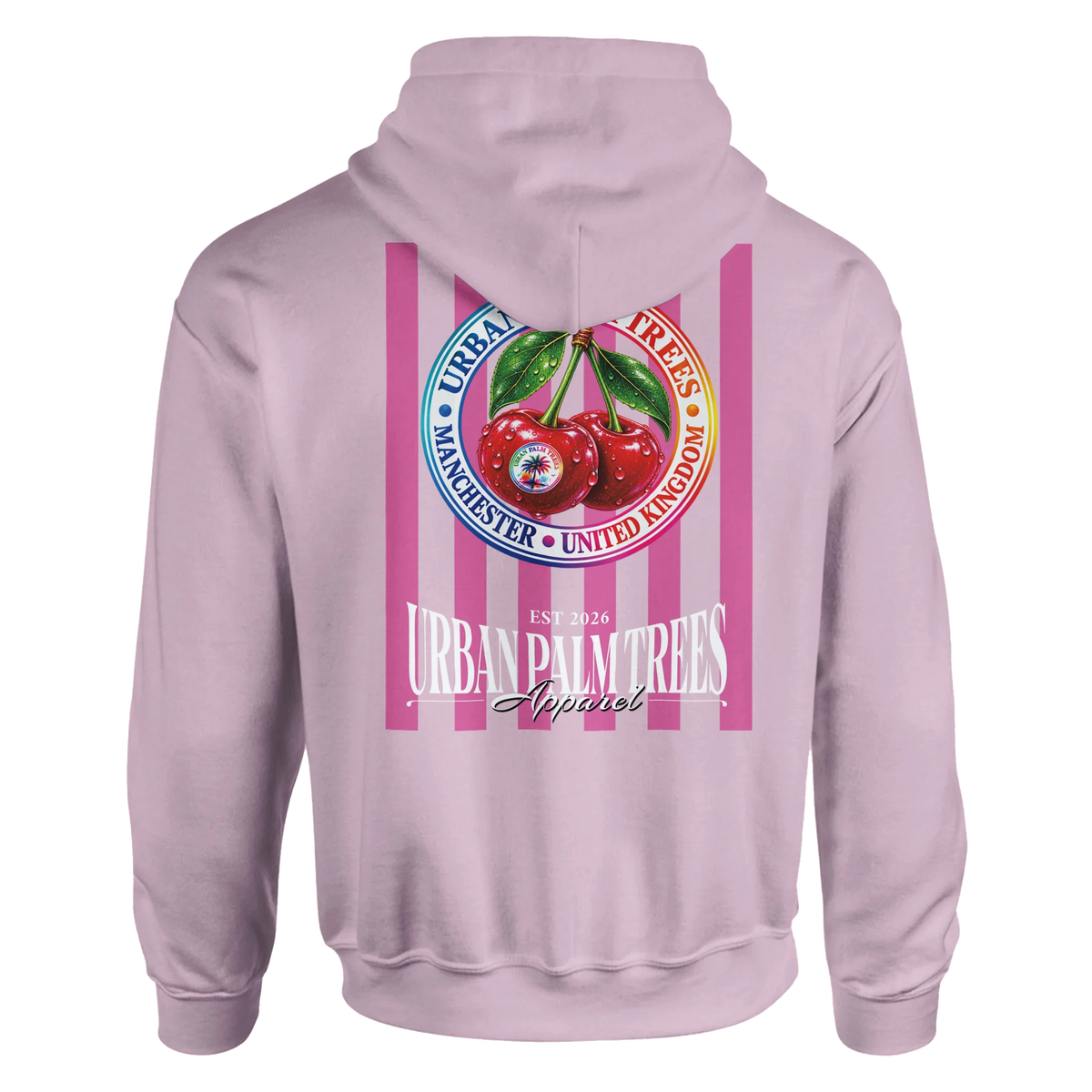 Pink hoodie back view featuring retro striped cherry graphic with Urban Palm Trees branding and Manchester text. Vintage streetwear sweatshirt.
