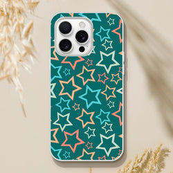 Retro multicolour star iPhone case for 13-16 with teal background and Y2K pastel star print.
