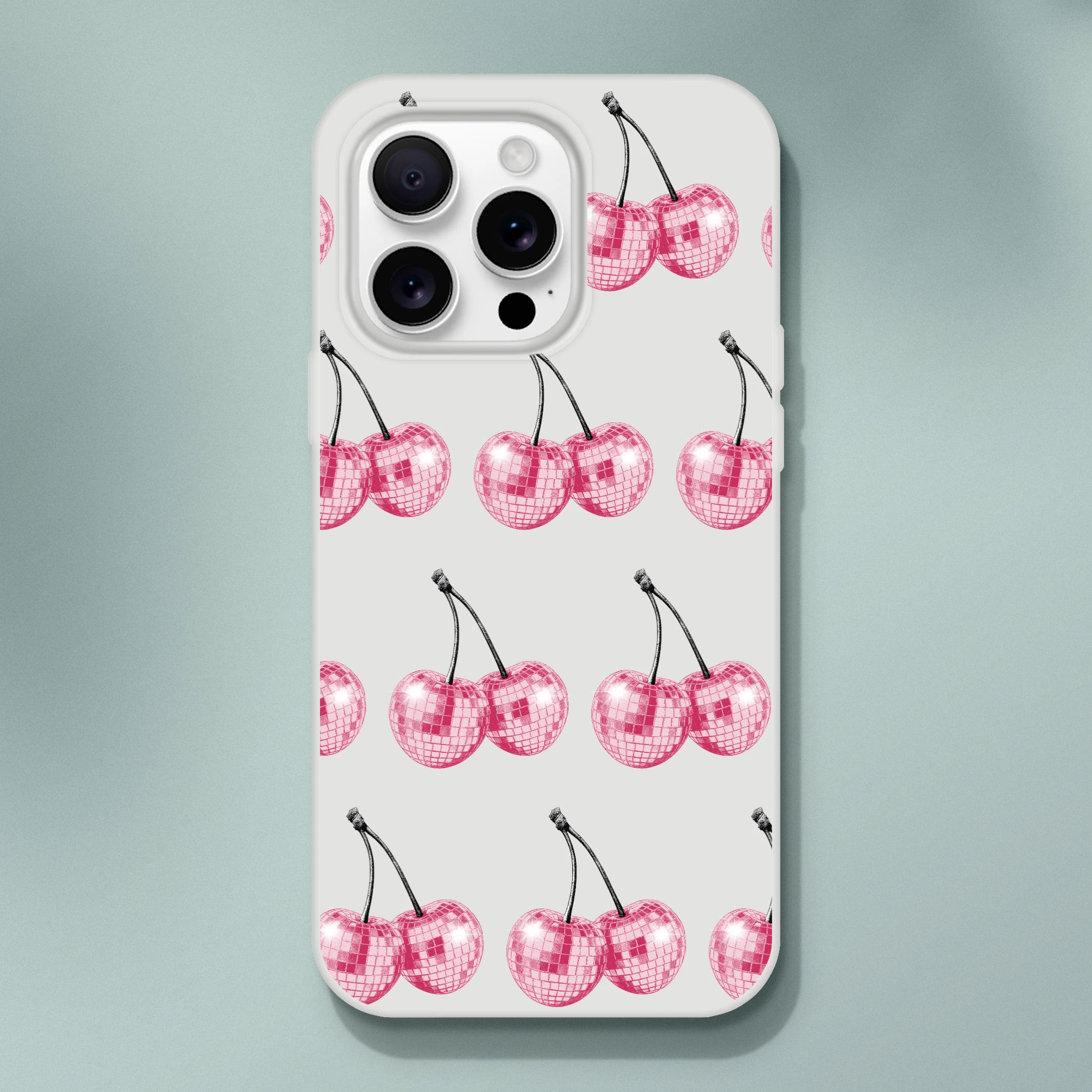 Glitter ball cherries pattern on a clear, slim iPhone case for iPhone 13–16.