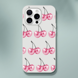 Glitter ball cherries pattern on a clear, slim iPhone case for iPhone 13–16.