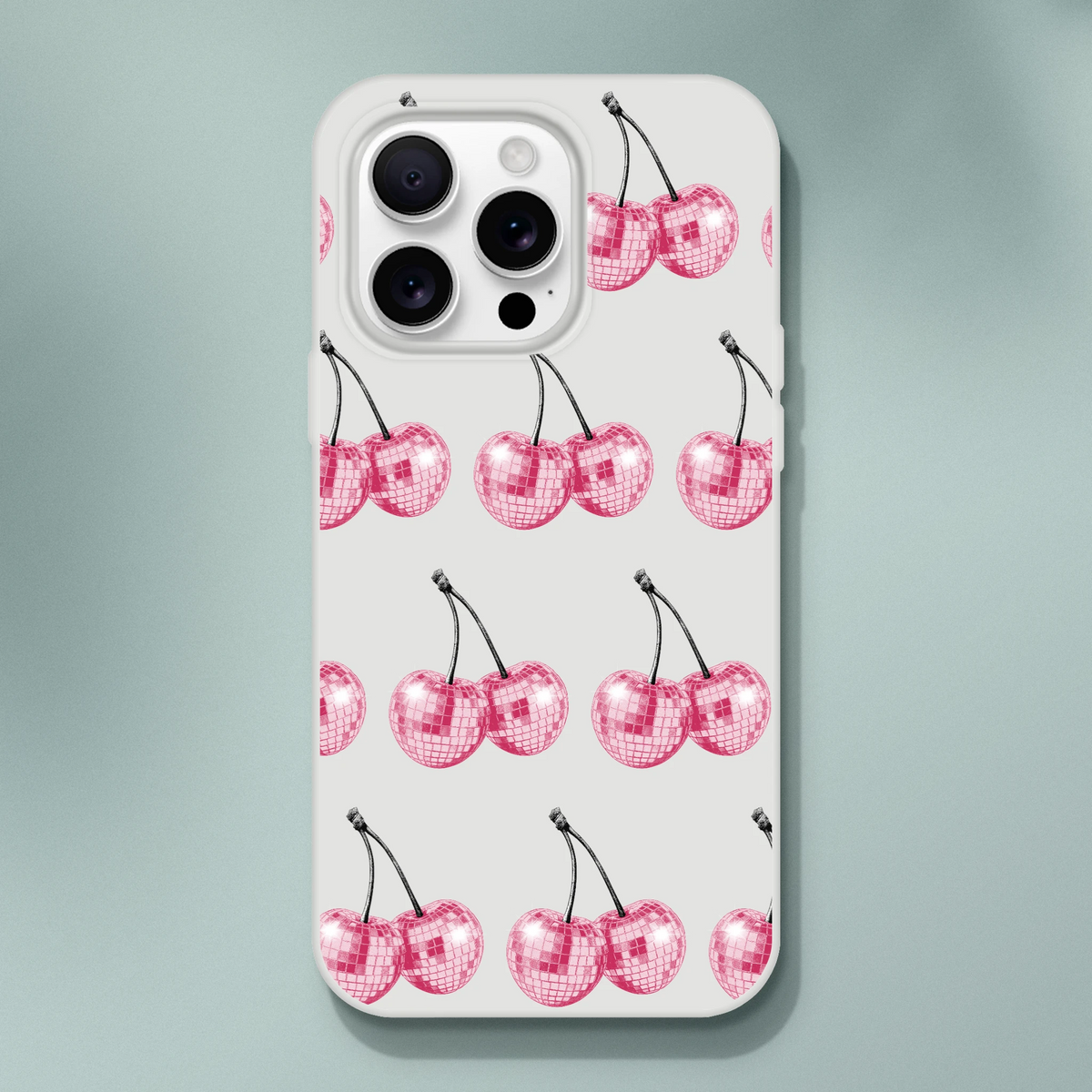 Glitter ball cherries pattern on a clear, slim iPhone case for iPhone 13–16.