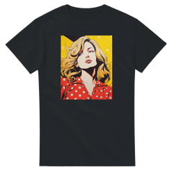 Black vintage streetwear t-shirt featuring retro pop art graphic of a blonde woman in a red polka dot top against a yellow background.