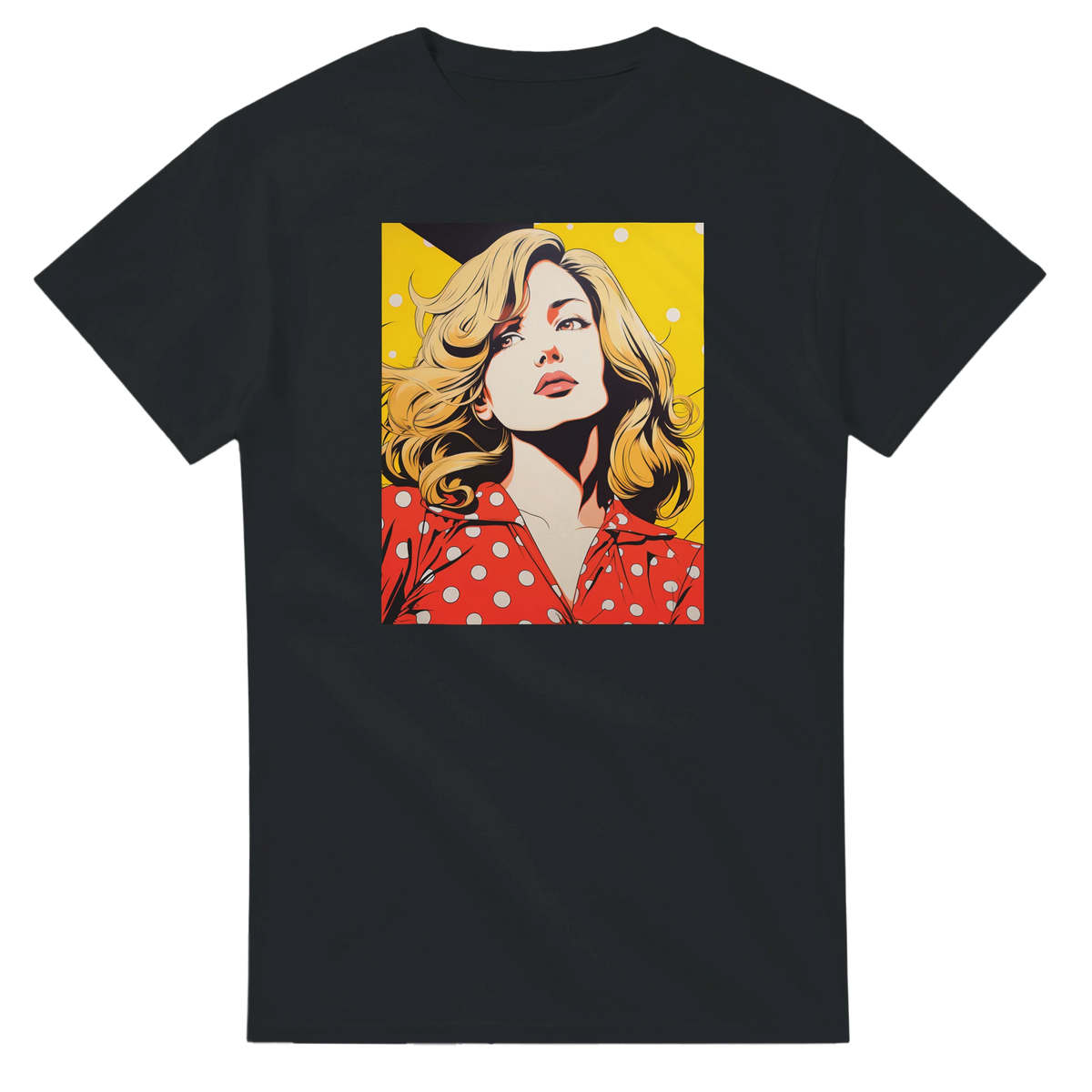 Black vintage streetwear t-shirt featuring retro pop art graphic of a blonde woman in a red polka dot top against a yellow background.