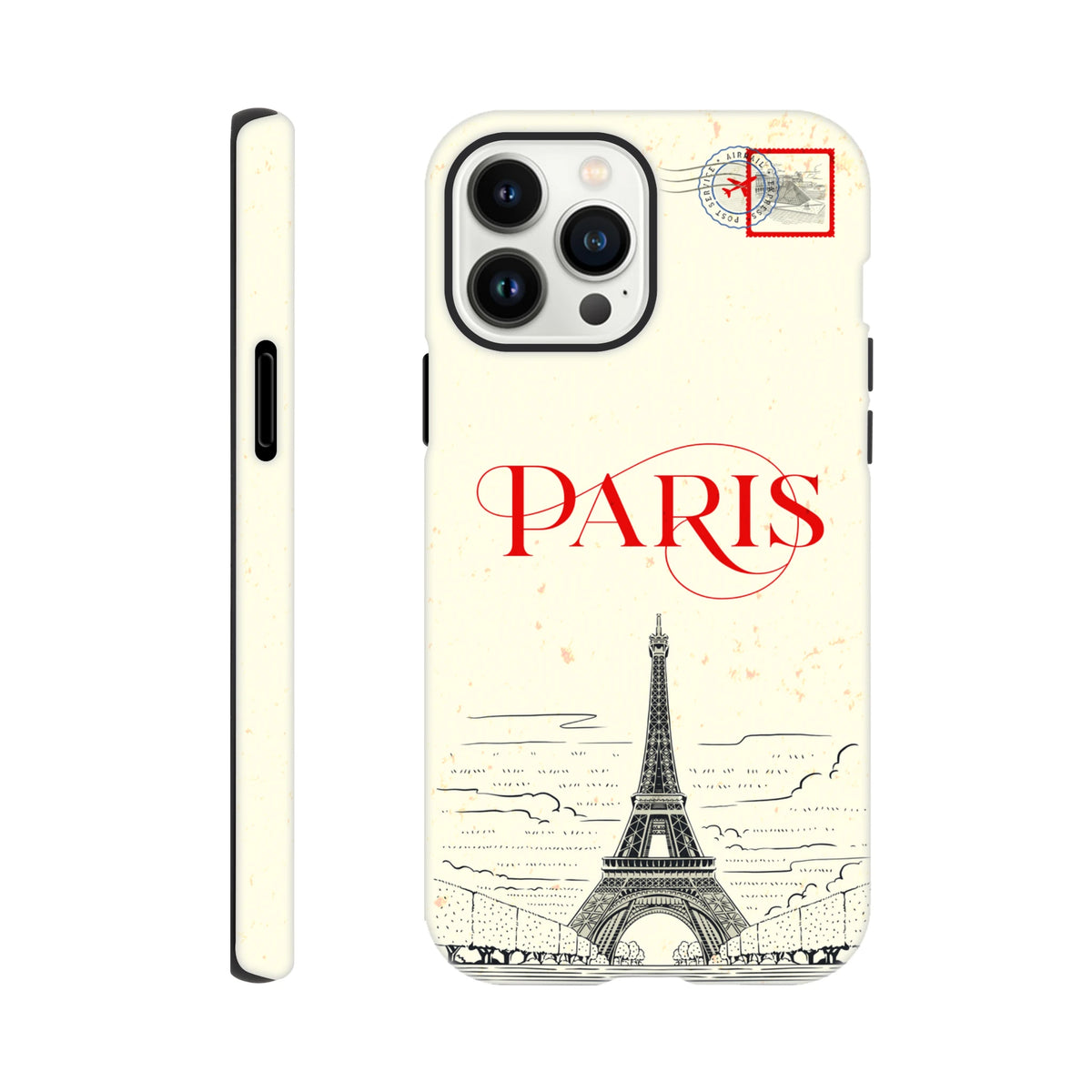 Vintage Paris iPhone case featuring red script, Eiffel Tower sketch, and airmail stamp design for rugged travel protection.