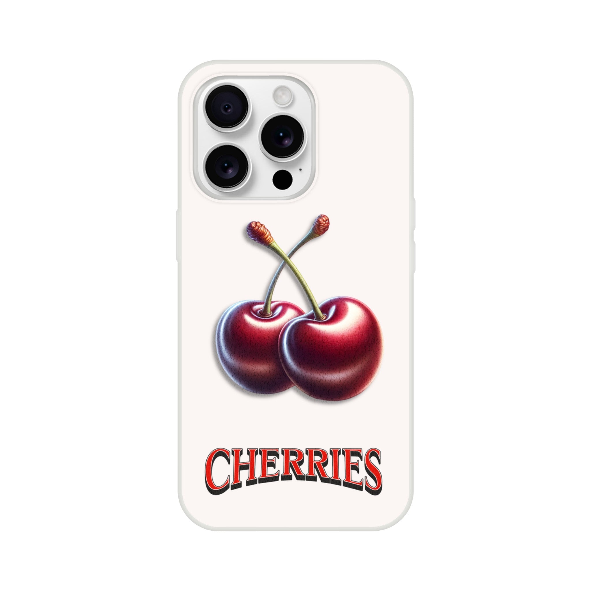 Cherry iPhone case with twin cherries graphic and CHERRIES text on a cream background.