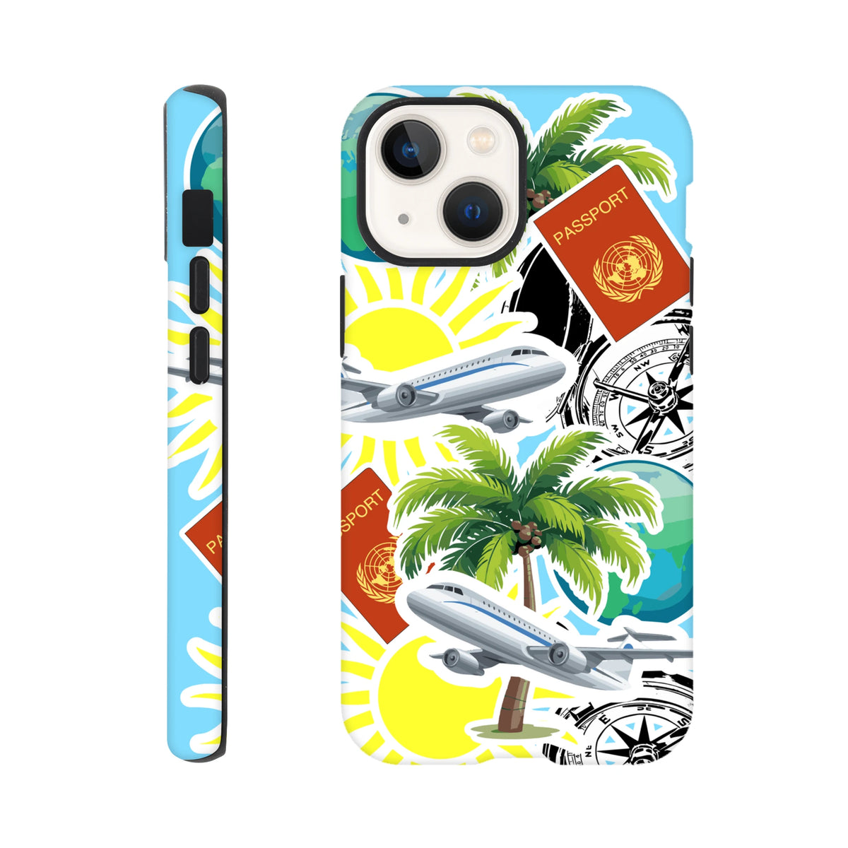 Travel sticker tough iPhone case with palm tree, passport, airplane, and compass design for iPhone 13-16.