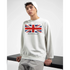 Male model wearing white sweatshirt featuring Union Jack flag and Make Britain Great Again slogan, soft cotton blend.
