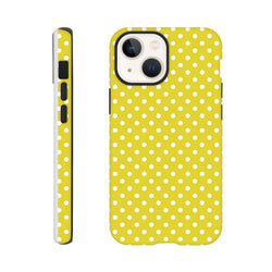 Yellow & white polka dot tough iPhone case with dual-layer TPU protection and precise button cutouts for models 13-16.