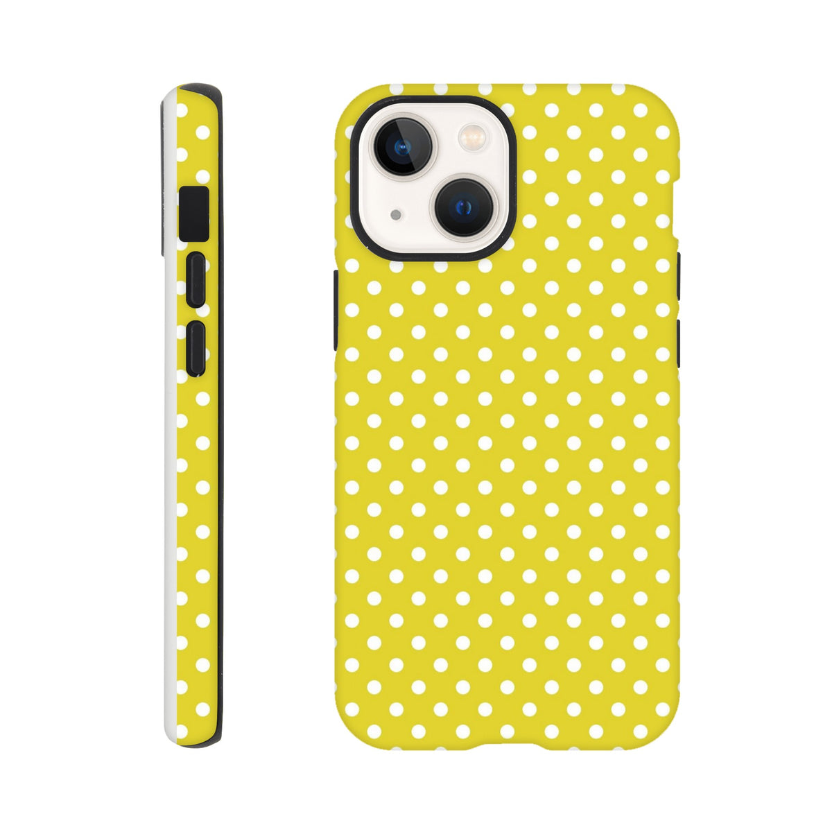 Yellow & white polka dot tough iPhone case with dual-layer TPU protection and precise button cutouts for models 13-16.