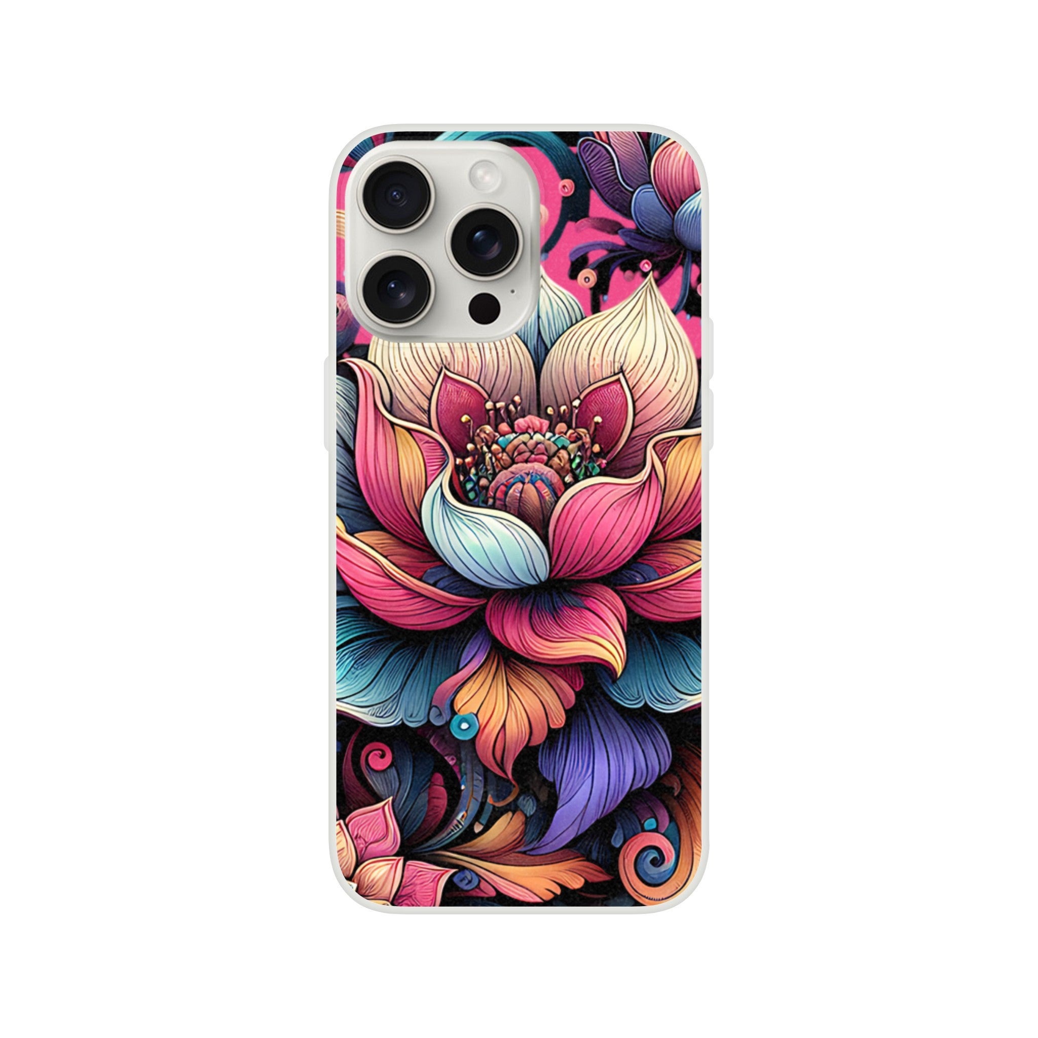 Vibrant mandala flower design on a slim protective iPhone case for iPhone 16 15 14 13, boho floral art.