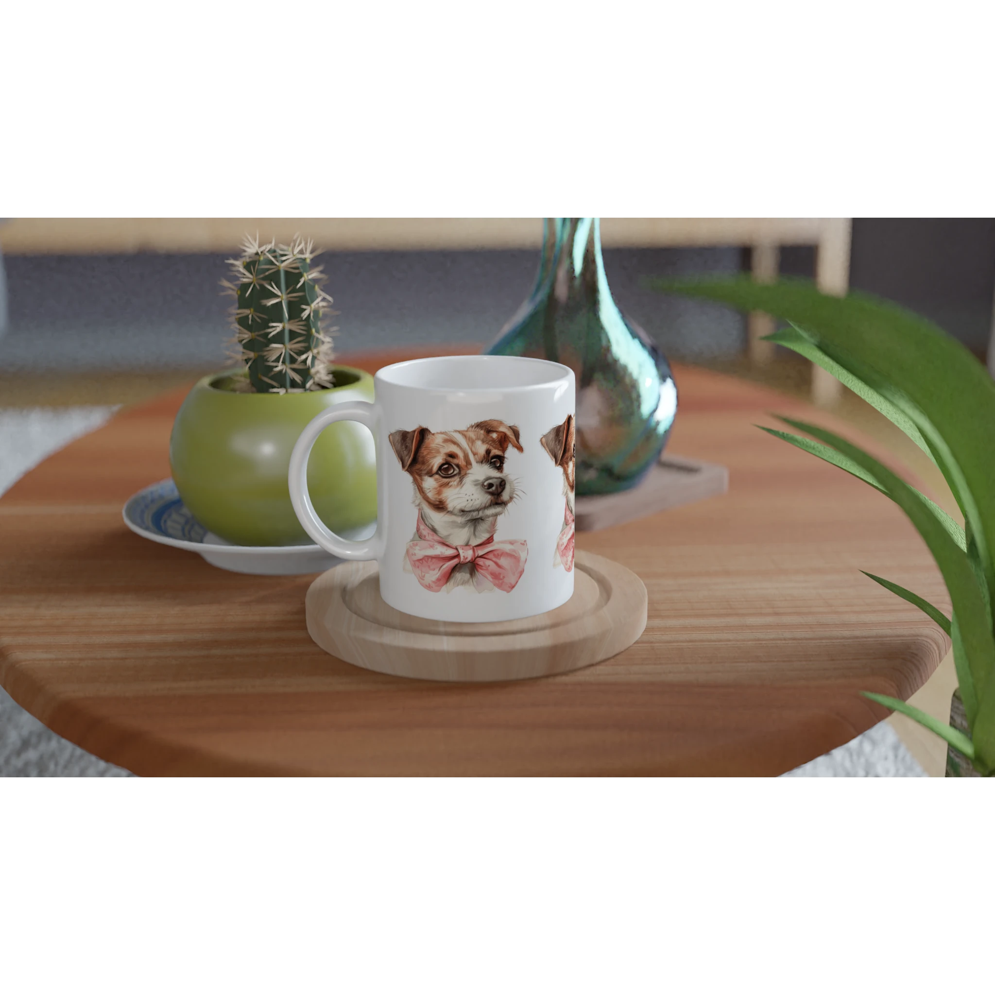 Cute dog mug gift for her: white ceramic mug with two puppies wearing pink bows.
